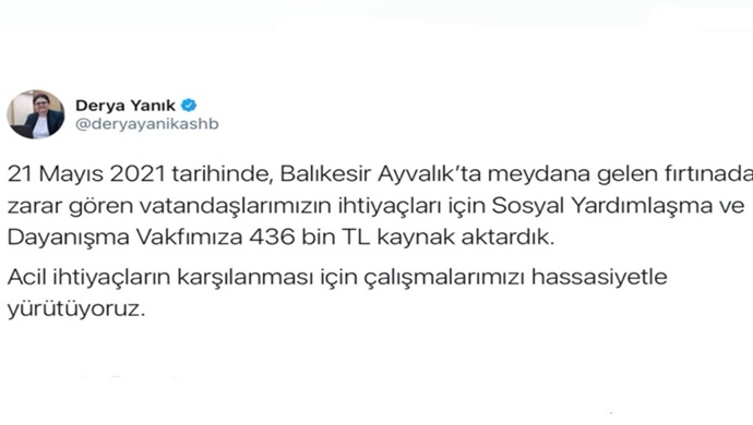 Bakan Yanık: “Ayvalık’taki fırtınadan zarar gören vatandaşlarımız için SYDV’lere 436 bin lira kaynak aktardık”